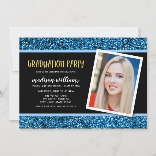 Blue Glitter Photo Graduation Party Invitation | Zazzle