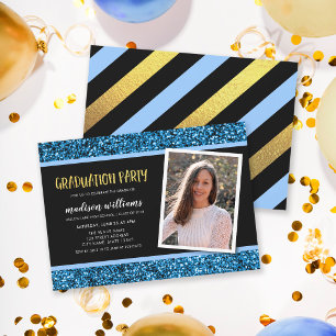 Blue Glitter Photo Graduation Party Invitation