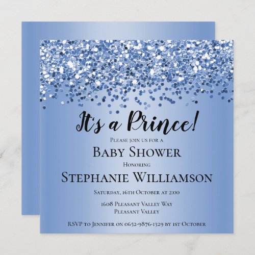Blue Glitter Prince Baby Shower Invitation