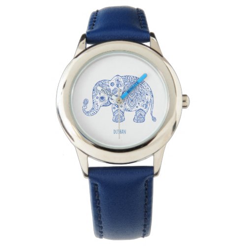 Blue Glitter Print Paisley Elephant Illustration Watch