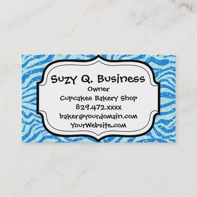 Blue Glitter Print Zebra Stripe Pattern Business Card (Front)
