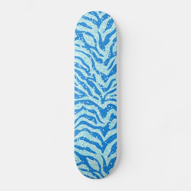 Blue Glitter Print Zebra Stripe Pattern Skateboard Deck (Front)
