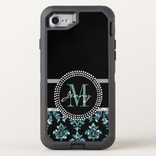 Blue Glitter Printed, Black Damask OtterBox Defender iPhone SE/8/7 Case