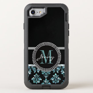 Blue Glitter Printed, Black Damask OtterBox Defender iPhone SE/8/7 Case