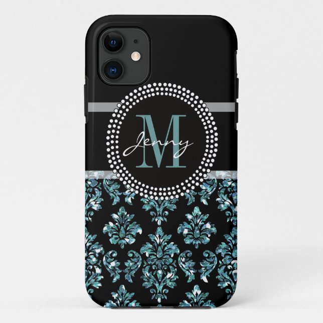 Blue Glitter Printed, Black Damask Personalized Case-Mate iPhone Case (Back)