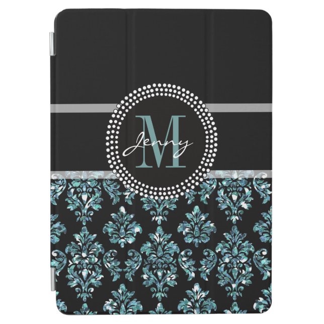 Blue Glitter Printed, Black Damask Personalized iPad Air Cover (Front)