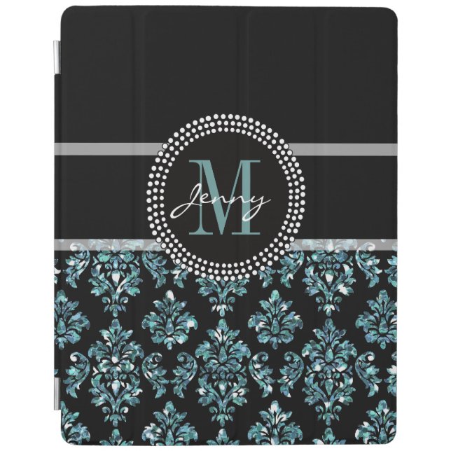 Blue Glitter Printed, Black Damask Personalized iPad Air Cover (Front)
