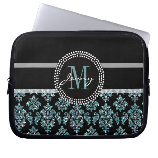 Blue Glitter Printed, Black Damask Personalized Laptop Sleeve