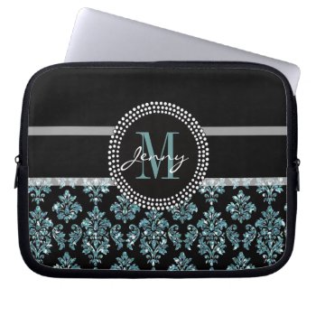 Blue Glitter Printed  Black Damask Personalized Laptop Sleeve by DamaskGallery at Zazzle