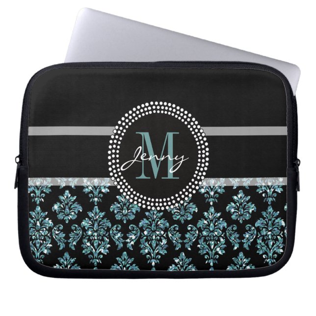 Blue Glitter Printed, Black Damask Personalized Laptop Sleeve (Front)