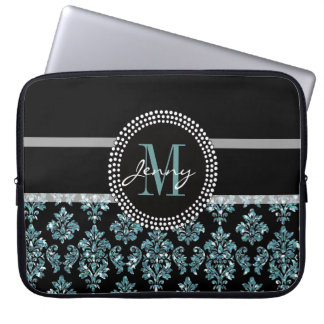 Blue Glitter Printed, Black Damask Personalized Laptop Sleeve