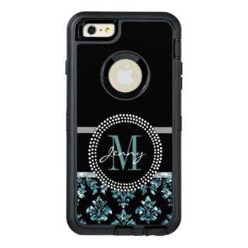 Blue Glitter Printed  Black Damask Personalized Otterbox Defender Iphone Case by DamaskGallery at Zazzle