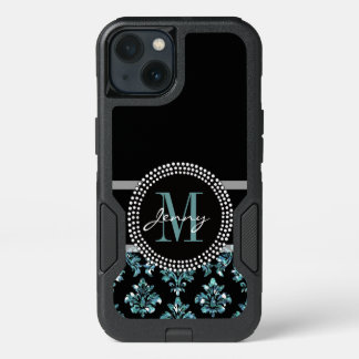 Blue Glitter Printed, Black Damask Personalized iPhone 13 Case