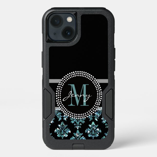 Blue Glitter Printed, Black Damask Personalized Otterbox iPhone Case (Back)