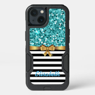 BLUE glitter printed STRIPE GOLD BOW monogram iPhone 13 Case