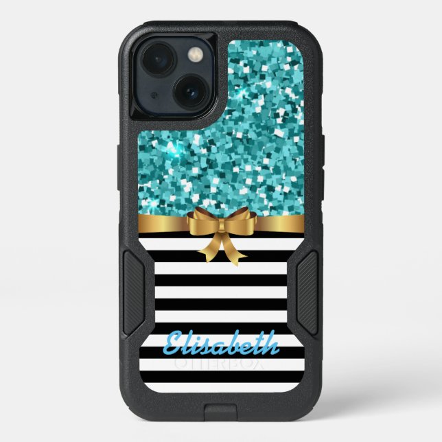 BLUE glitter printed STRIPE GOLD BOW monogram Otterbox iPhone Case (Back)