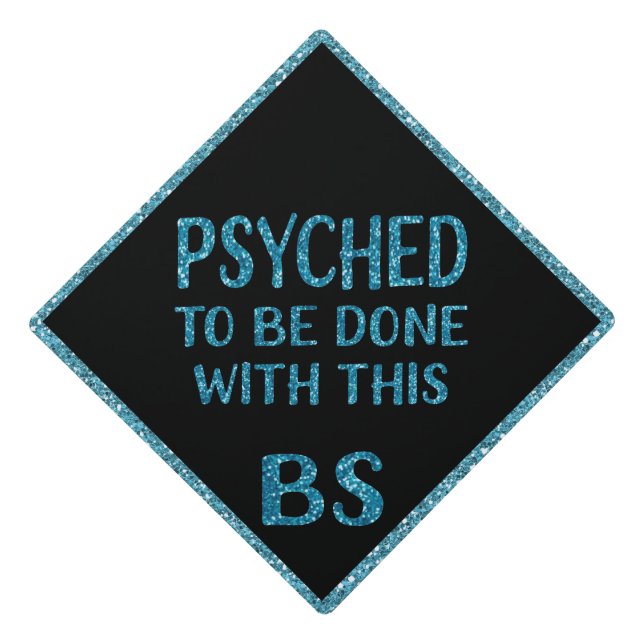 Blue Glitter Psychology Psyched BS Graduation Cap Topper (Front)