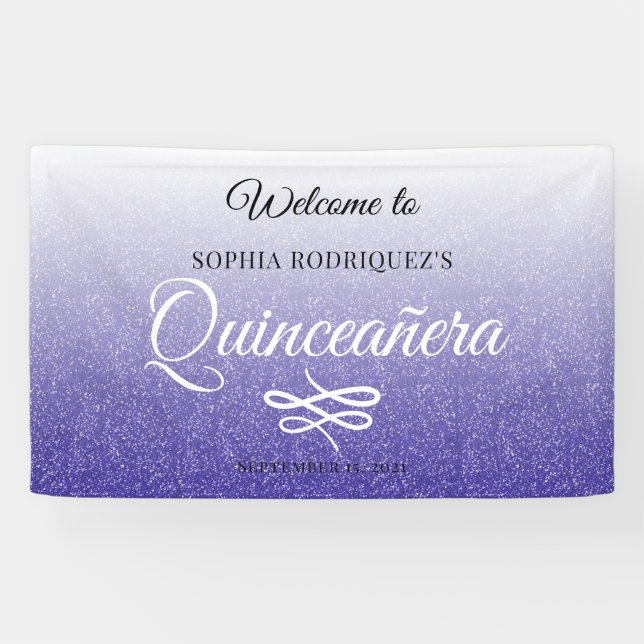 Blue Glitter Quinceañera 15th Birthday Welcome Banner (Horizontal)