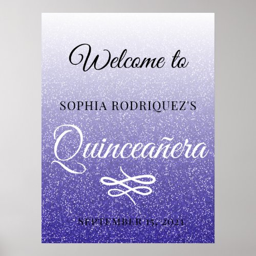 Blue Glitter Quinceaera 15th Birthday Welcome Poster