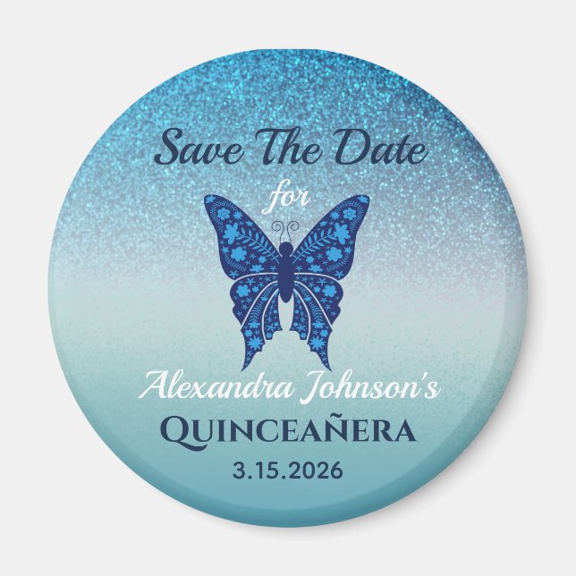 Blue Glitter Quinceañera Save the Date Magnet (Front)