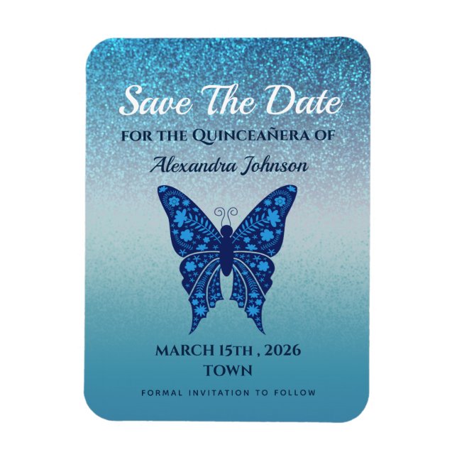 Blue Glitter Quinceañera Save the Date Magnet (Vertical)
