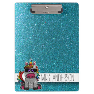 Blue Glitter Rainbow Unicorn Teachers Classroom Clipboard