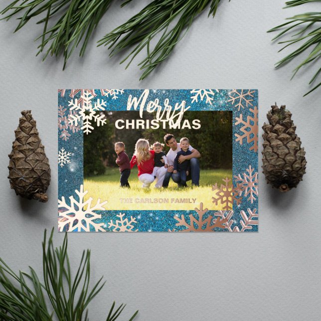 Blue Glitter Rose Gold Snowflake Family Photo Foil Holiday Card (Creator Uploaded)