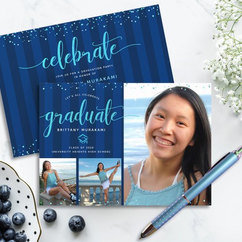 Blue glitter script graduation 3 photo collage invitation