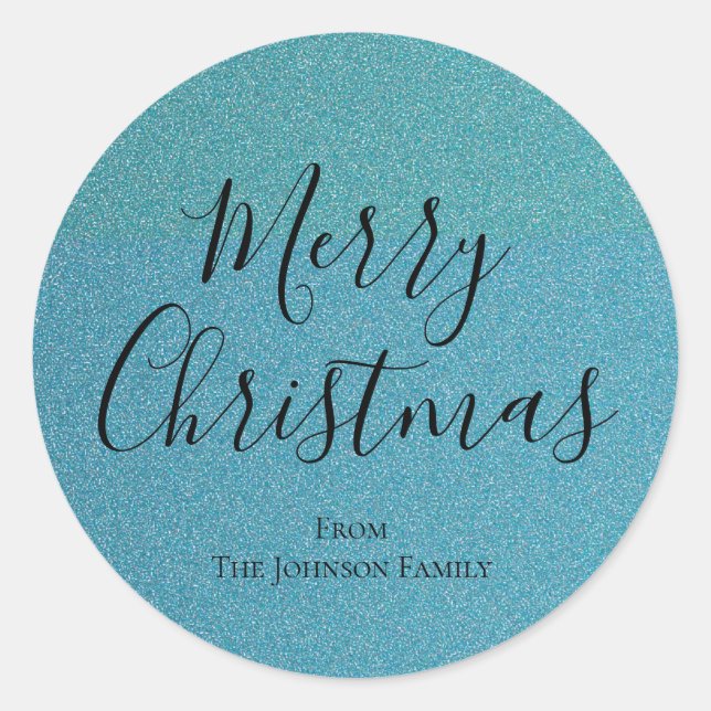 Blue Glitter Script Merry Christmas Holiday Classic Round Sticker (Front)