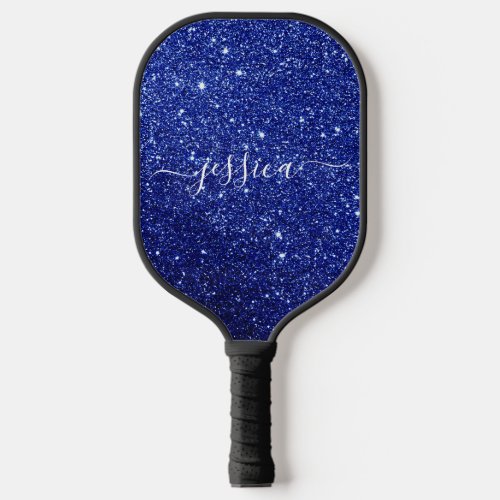 Blue glitter script name pickleball paddle