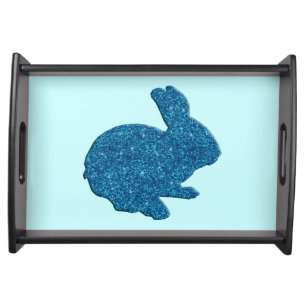 Blue Glitter Silhouette Easter Bunny Serving Tray