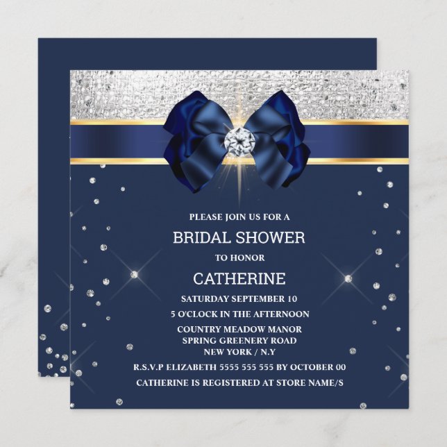 Blue glitter silver gold ribbon bow sparkle glam invitation (Front/Back)