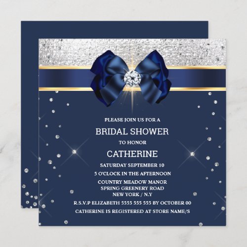 Blue glitter silver gold ribbon bow sparkle glam invitation