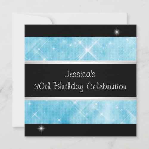 Blue Glitter Silver Lights Black 30th Birthday Personalized Invitations