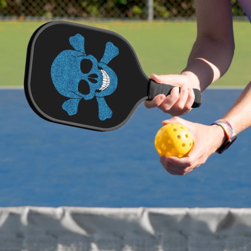 Blue Glitter Skull And Crossbones Pickleball Paddle