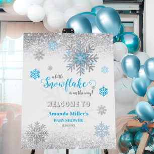 Blue Glitter Snowflake Baby Shower Welcome Sign 