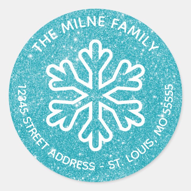 Blue Glitter Snowflake - Circle Return Address Classic Round Sticker (Front)