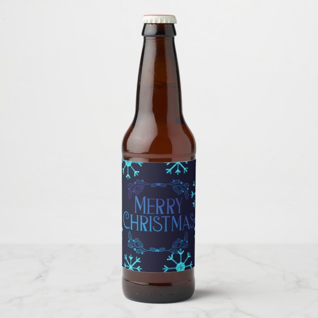 Blue Glitter Snowflakes Beer Bottle Label (Front)