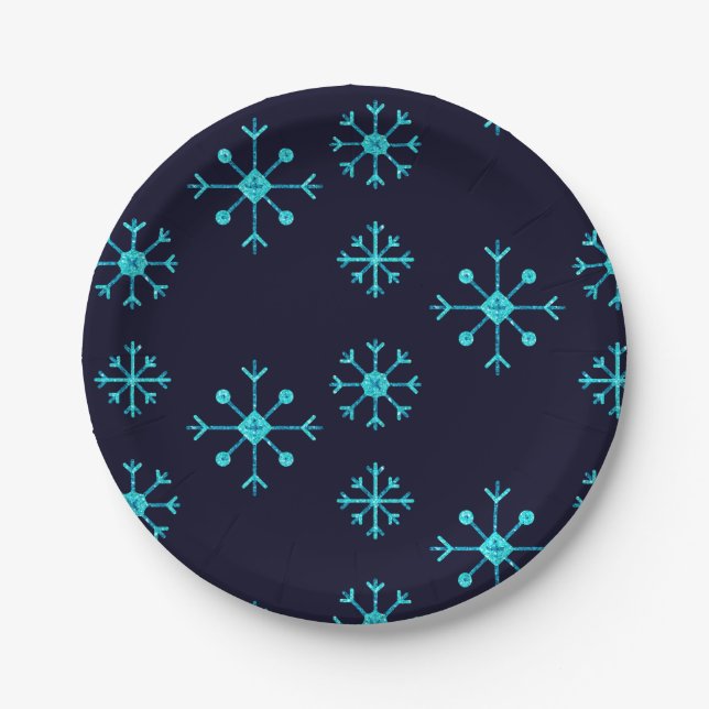 Blue Glitter Snowflakes Paper Plates (Front)