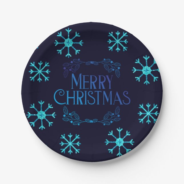 Blue Glitter Snowflakes Paper Plates (Front)