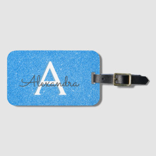 Blue Glitter Sparkle Monogram Name and Initial Luggage Tag