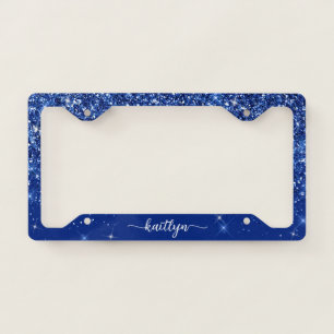 Blue Glitter Sparkle Script Monogram License Plate Frame