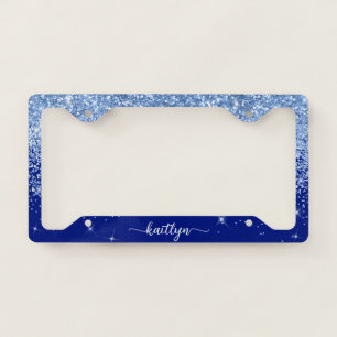Blue Glitter Sparkle Script Monogram License Plate Frame