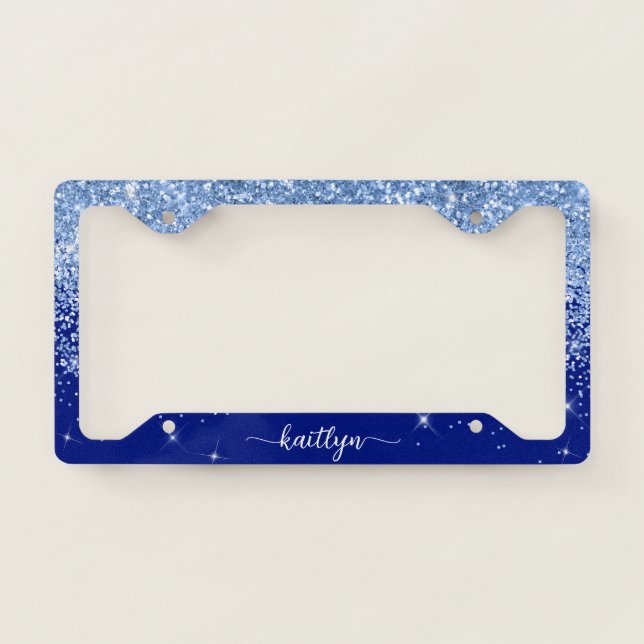 Blue Glitter Sparkle Script Monogram License Plate Frame (Front)