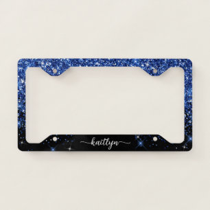 Blue Glitter Sparkle Script Monogram License Plate Frame
