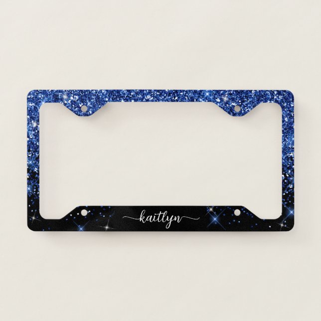 Blue Glitter Sparkle Script Monogram License Plate Frame (Front)
