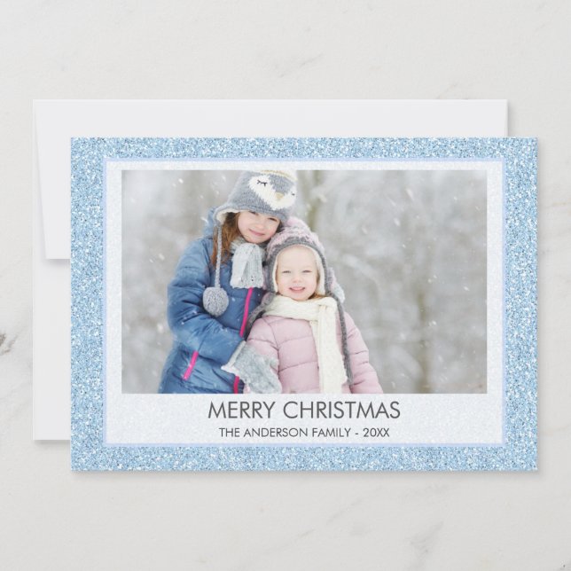 Blue Glitter Sparkle Winter Bokeh Christmas Photo Holiday Card (Front)