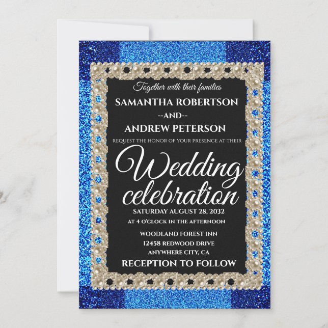  Blue Glitter Sparkling Pearls wedding Invitation (Front)