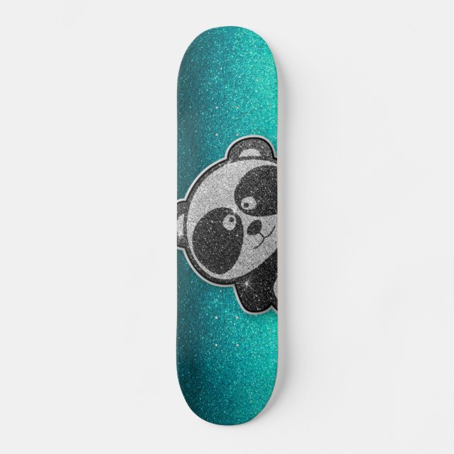 Blue Glitter Sparkly Black White Panda Sparkle Skateboard (Front)