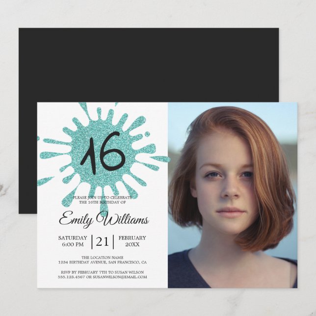 Blue Glitter Splash Sweet 16 16th Birthday Party Invitation (Front/Back)